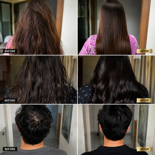 Before and after comparison of hair treatment on different individuals. Effects of Organic Flaxseed Hair Oil by Azomorfia