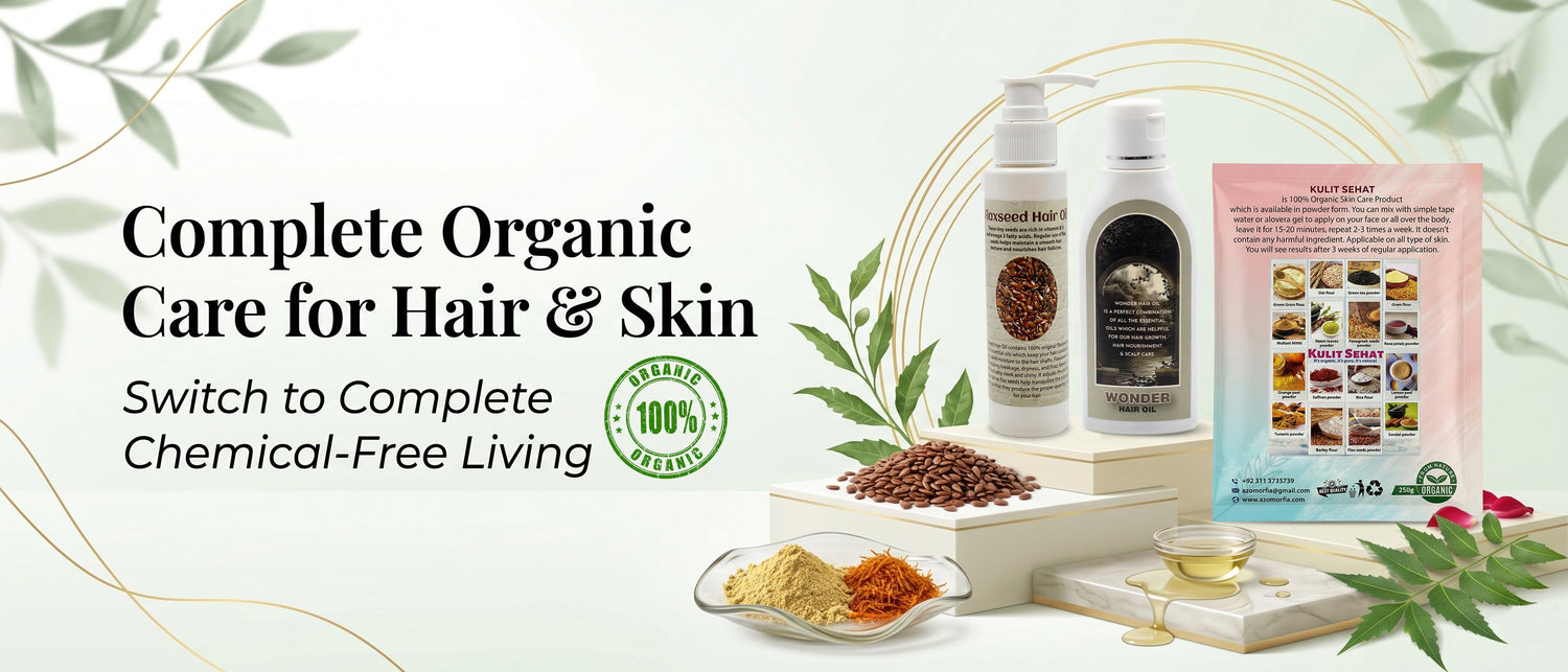 Organic personal care products in Pakistan by Azomorfia featuring natural hair oils, herbal skincare products, and chemical-free beauty essentials for healthy hair and glowing skin.