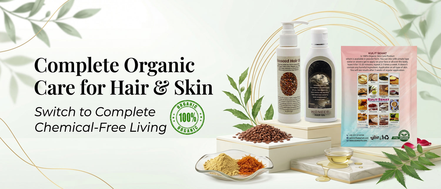 Organic hair and skin care products with packaging on a light green background