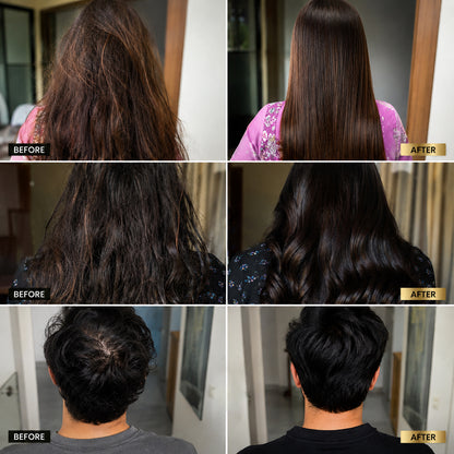 Before and after comparison of hair treatment on different individuals. Effects of Organic Flaxseed Hair Oil by Azomorfia