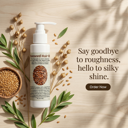 Flaxseed hair oil bottle with seeds and leaves on a wooden background