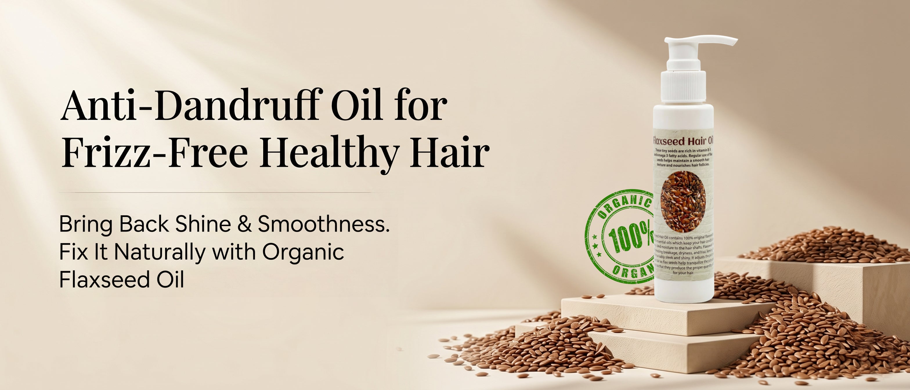 Anti-dandruff oil bottle with flaxseeds on a beige background