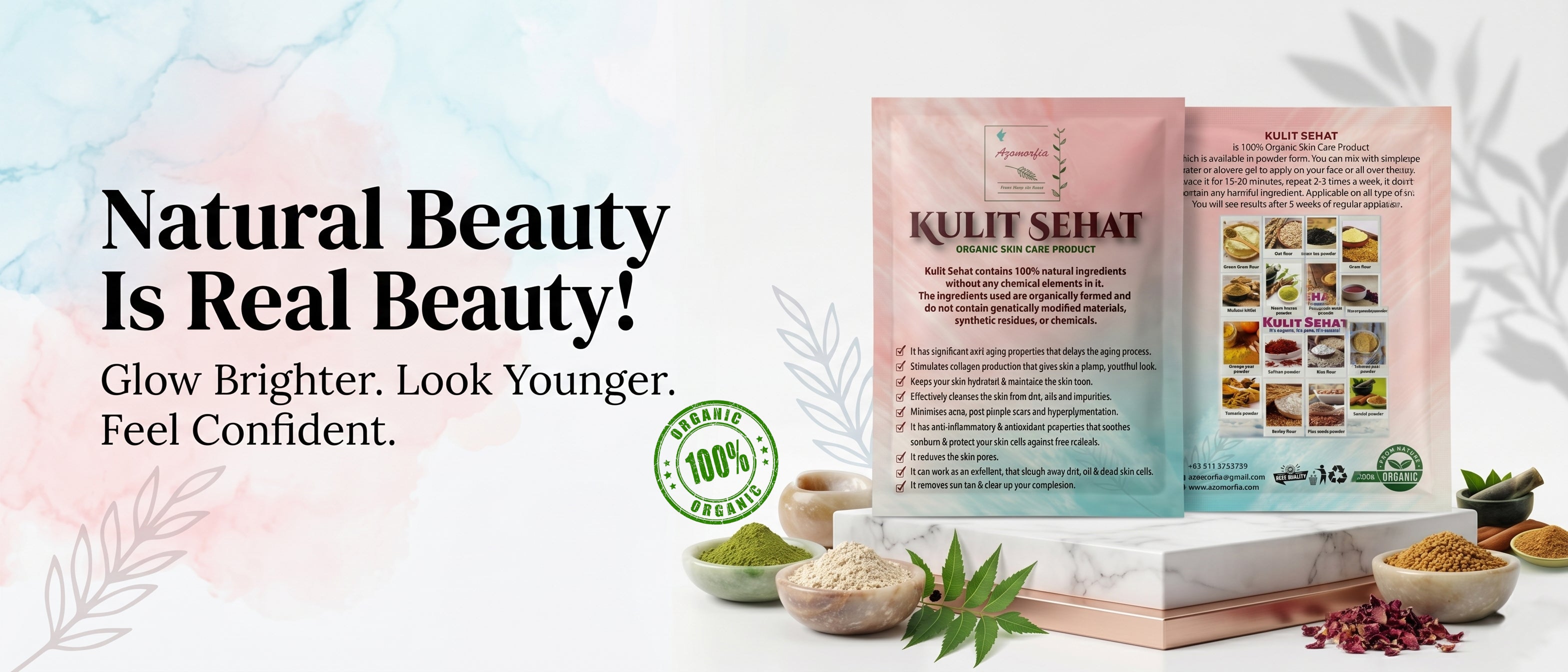 Product packaging with text 'Natural Beauty Is Real Beauty!' and images of herbs and ingredients.