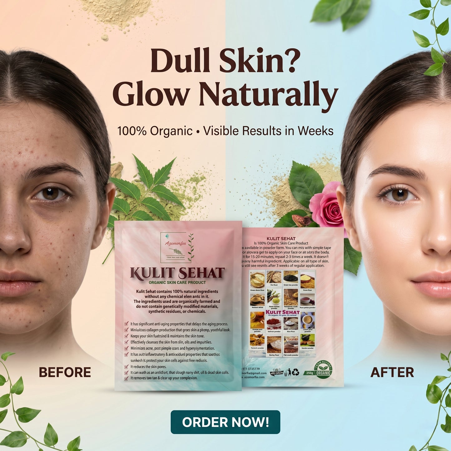 Advertisement for Kulit Sehat skin care product showing a before and after effect on skin.