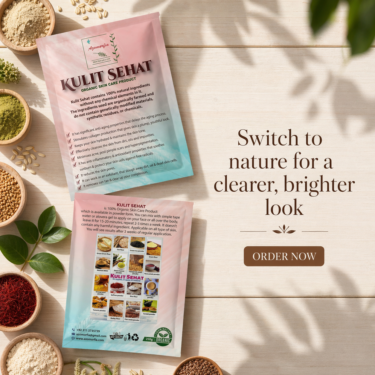Kulit Sehat product packaging with natural ingredients on a wooden surface