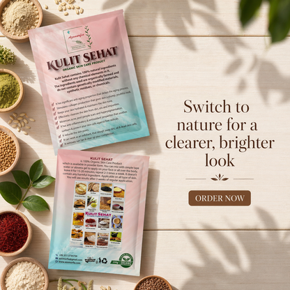 Kulit Sehat product packaging with natural ingredients on a wooden surface