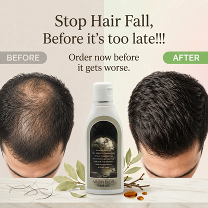 Advertisement for hair oil showing a before and after effect on hair fall.