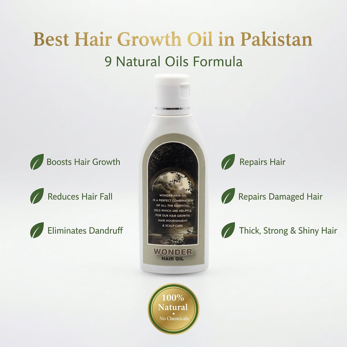 Hair growth oil bottle with text on a white background