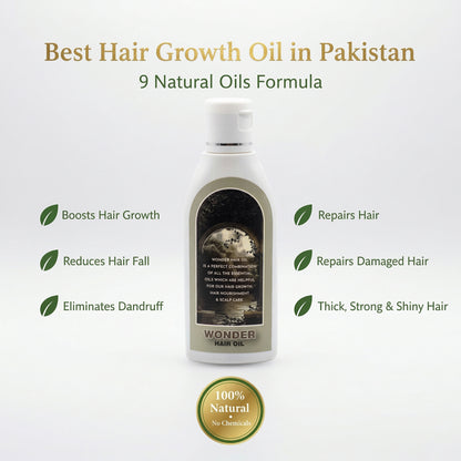 Hair growth oil bottle with text on a white background