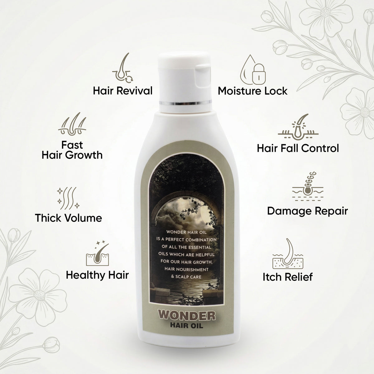 Bottle of Wonder Hair Oil with icons and text highlighting its benefits on a white background.