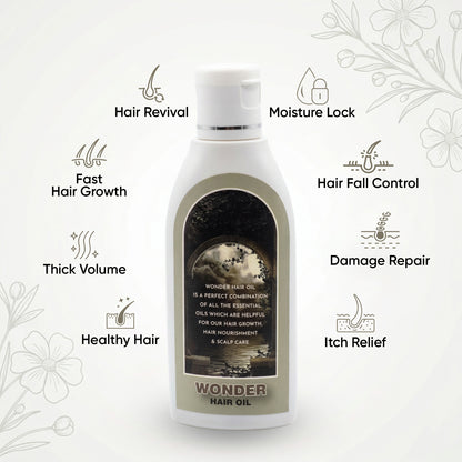 Bottle of Wonder Hair Oil with icons and text highlighting its benefits on a white background.