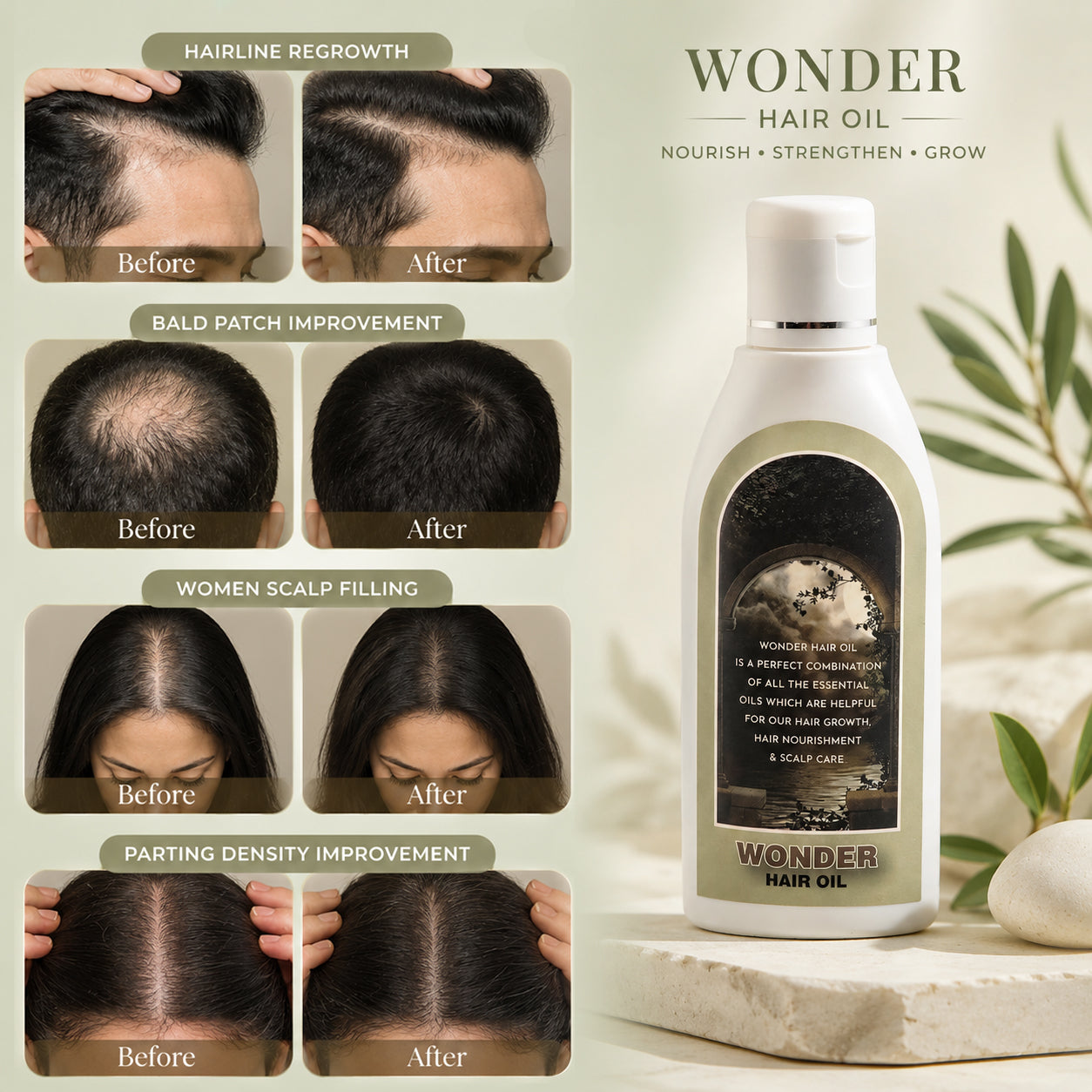 Wonder Hair Oil bottle with before and after hair improvement images on a light background