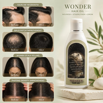 Wonder Hair Oil bottle with before and after hair improvement images on a light background