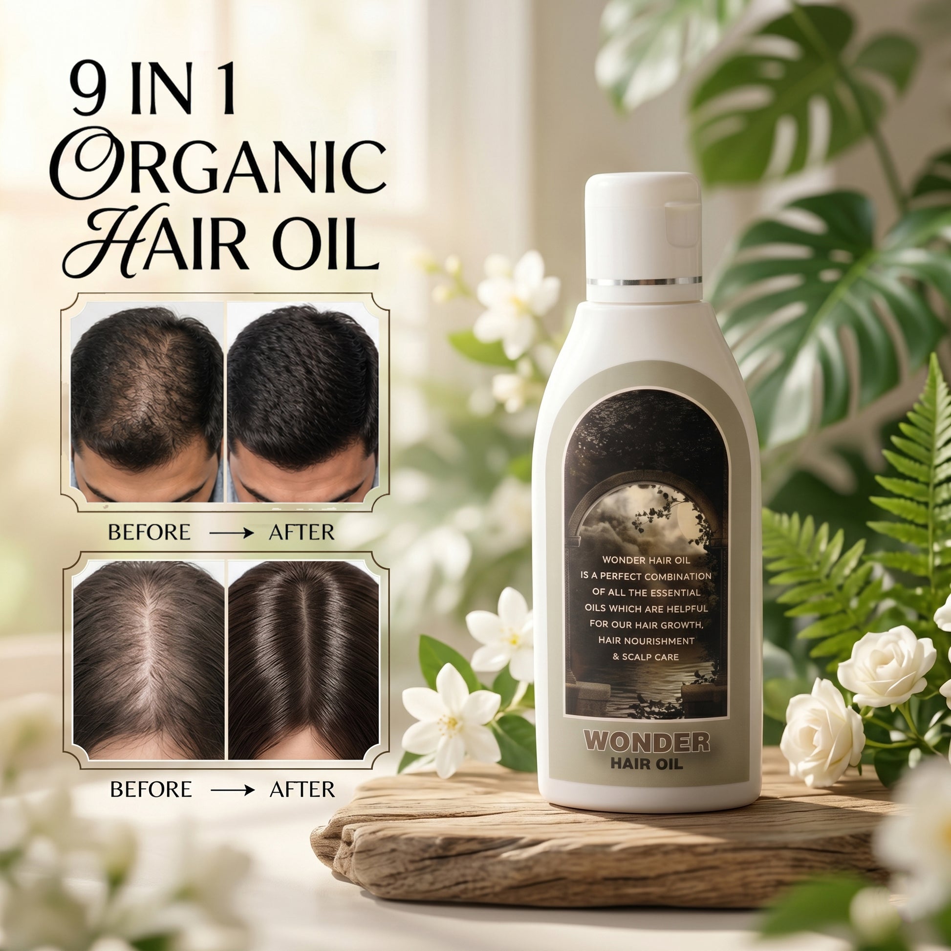 Bottle of Wonder hair oil with before and after effects on hair, surrounded by greenery and flowers.