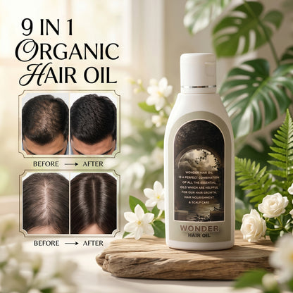 Bottle of Wonder hair oil with before and after effects on hair, surrounded by greenery and flowers.